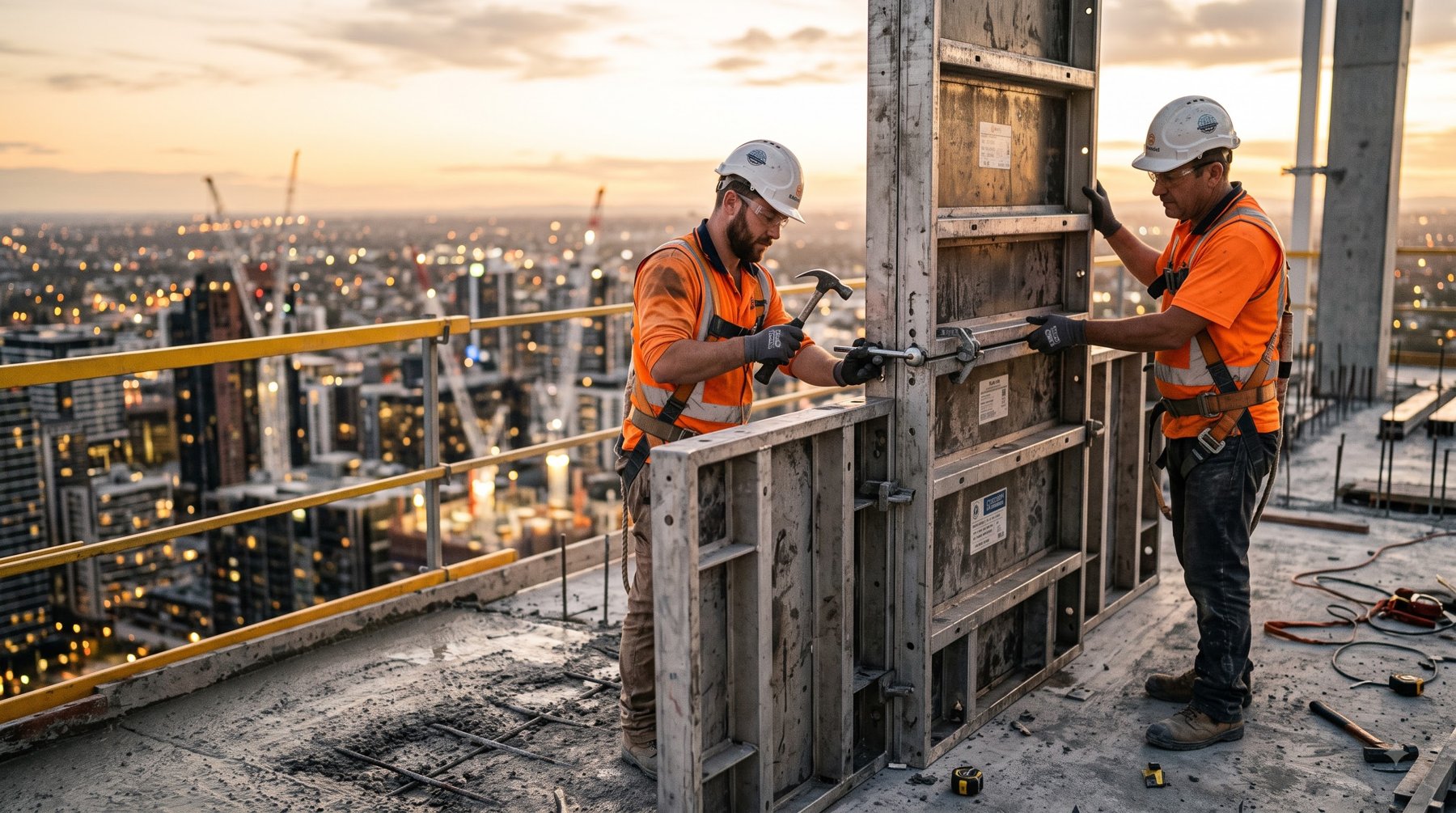 Workers locking an aluminium formwork panel into place on a high-rise floor