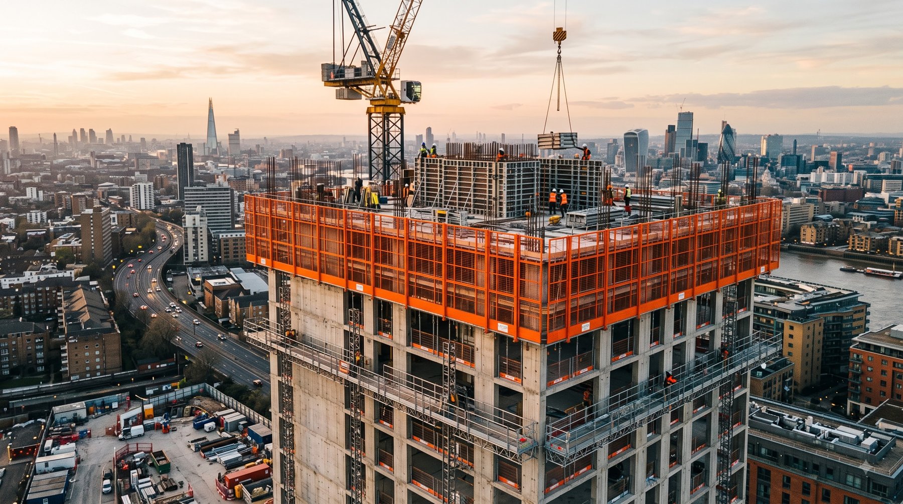Apex Formtech safety screen system wrapped around the top floors of a high-rise under construction