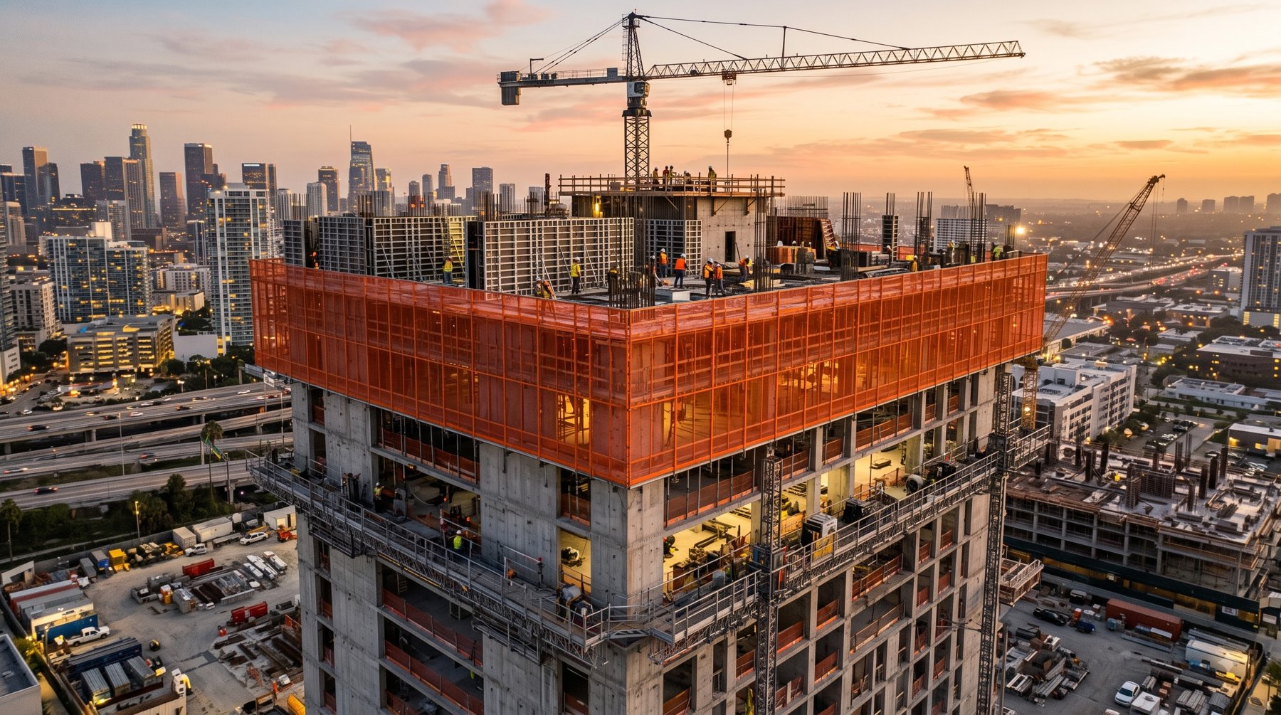 Apex Formtech safety screen system wrapped around the top floors of a high-rise under construction