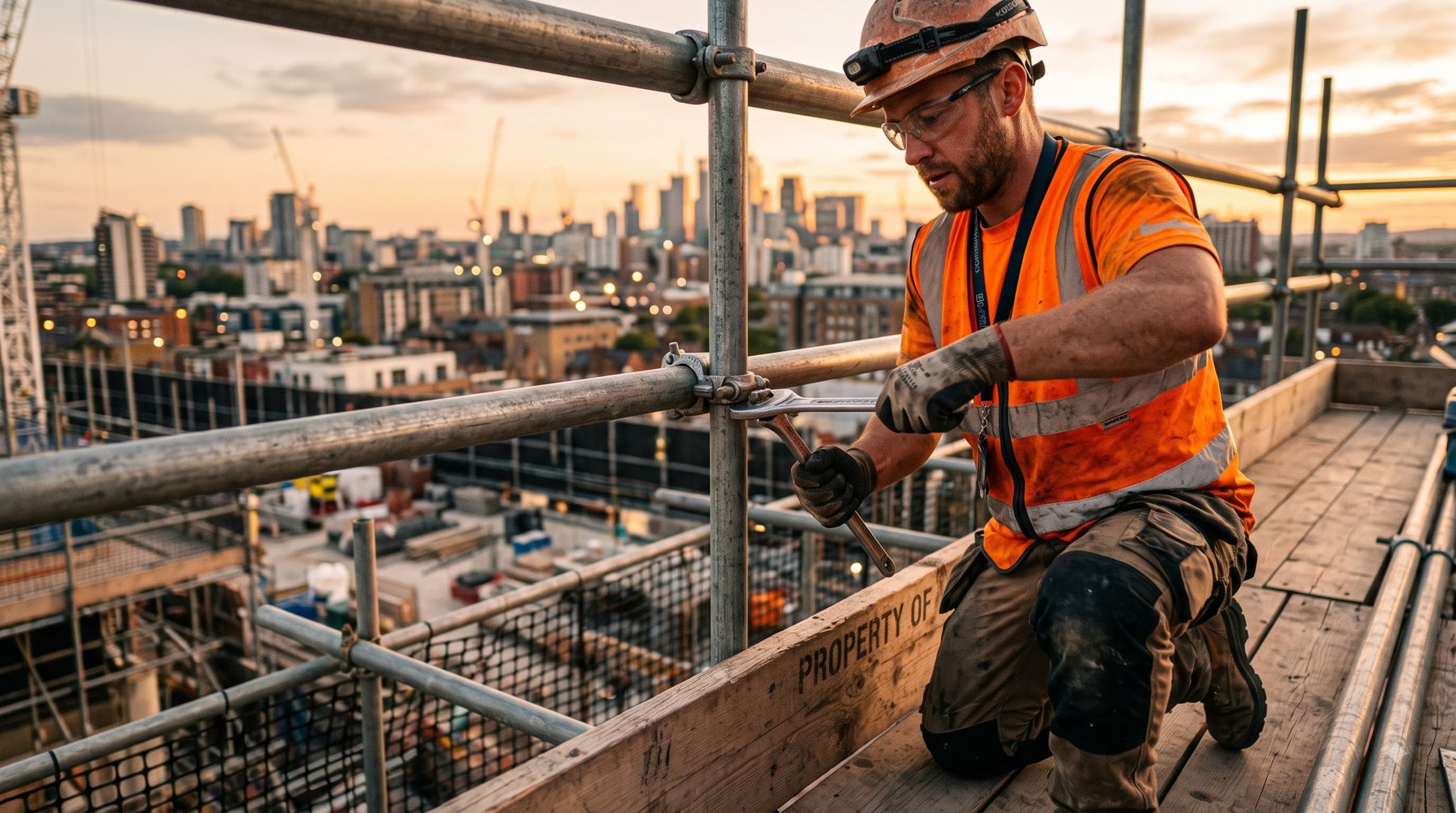 Worker securing a scaffolding coupler joint on a high-rise platform