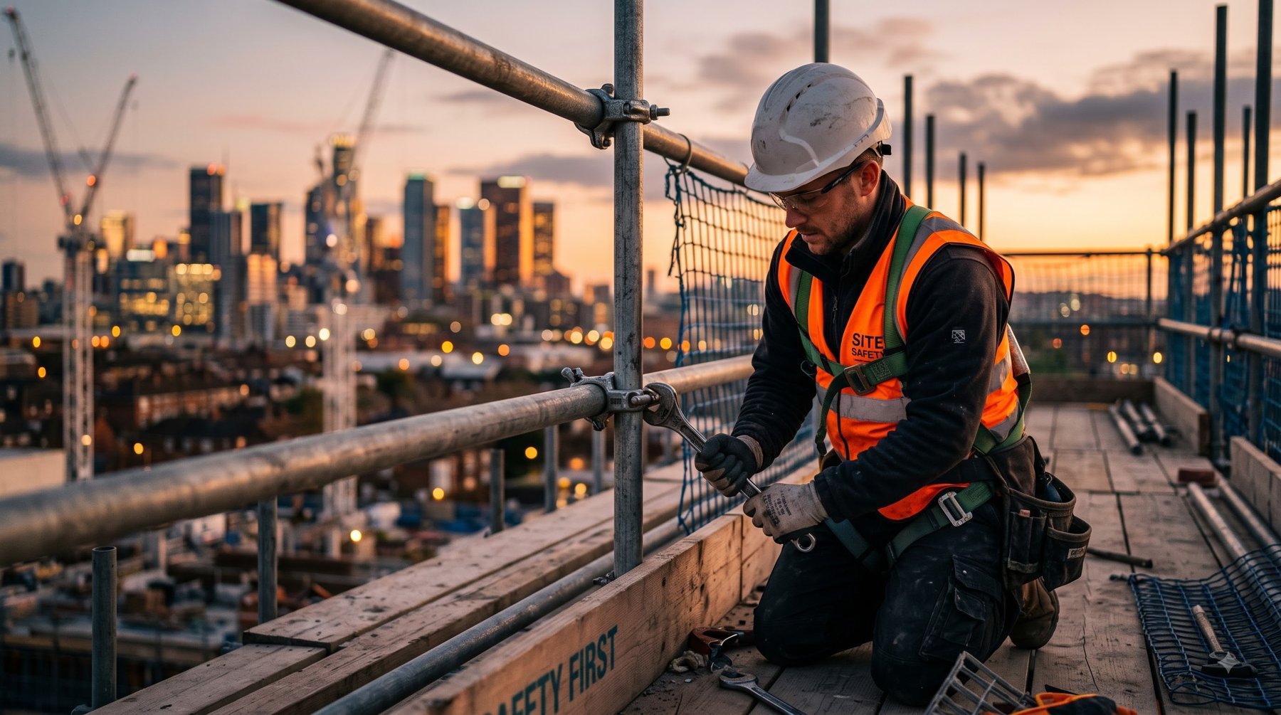 Worker tightening a scaffolding coupler joint at height
