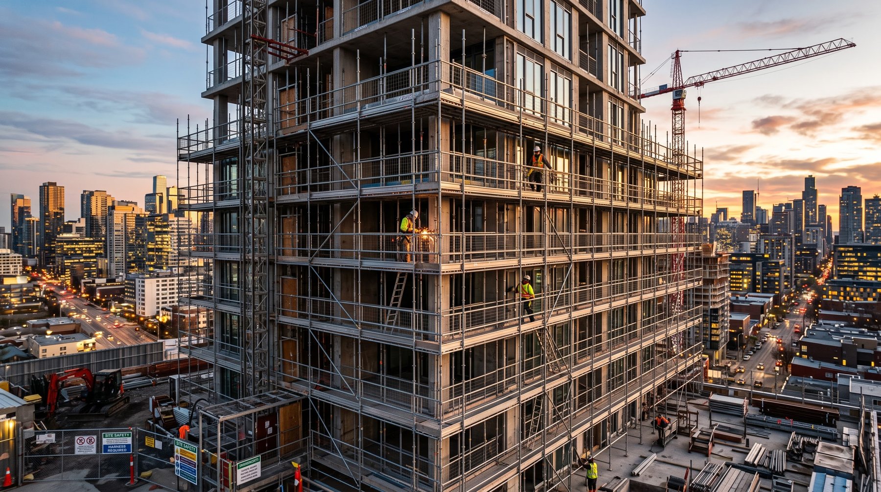Multi-level scaffolding system erected on a high-rise construction site